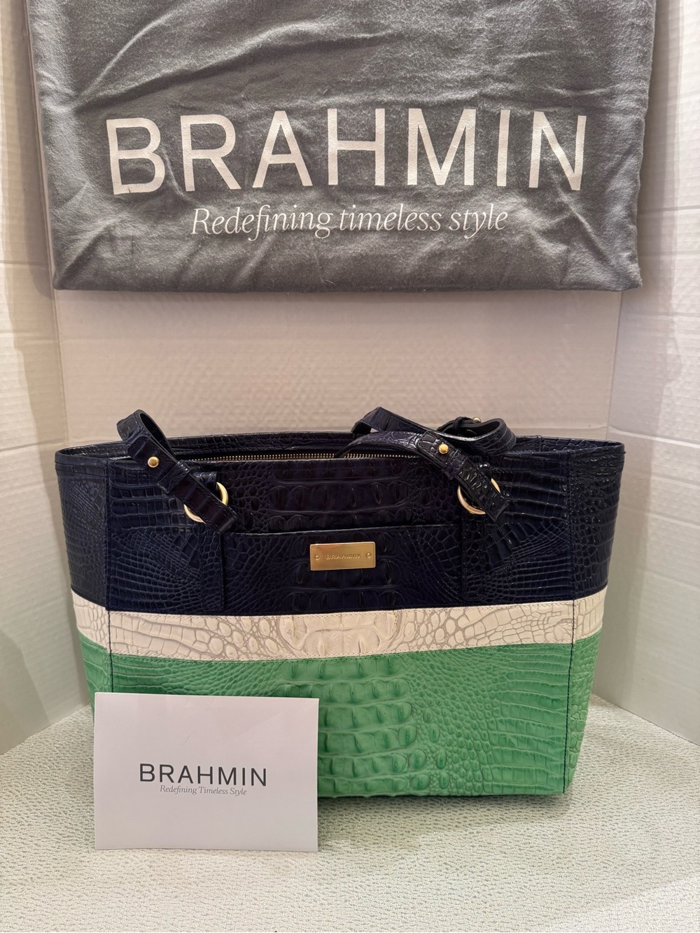 Brahmin Navy, Cream & Green Croc-Embossed Leather Tote